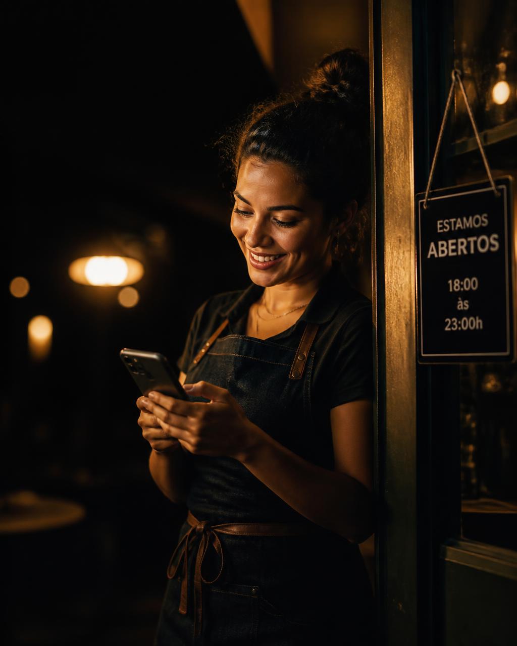 Dona de negócio sorrindo ao ver mensagens de novos clientes no celular