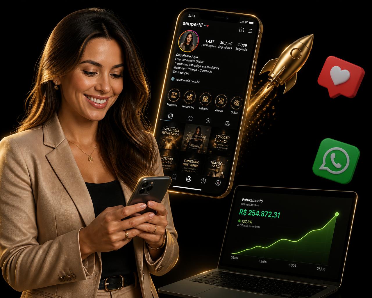 Empreendedora sorrindo no celular com resultados de campanhas crescendo