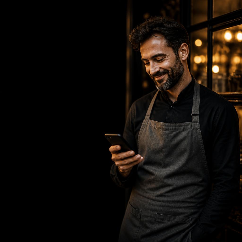 Dono de negócio sorrindo ao receber mensagens de novos clientes no celular