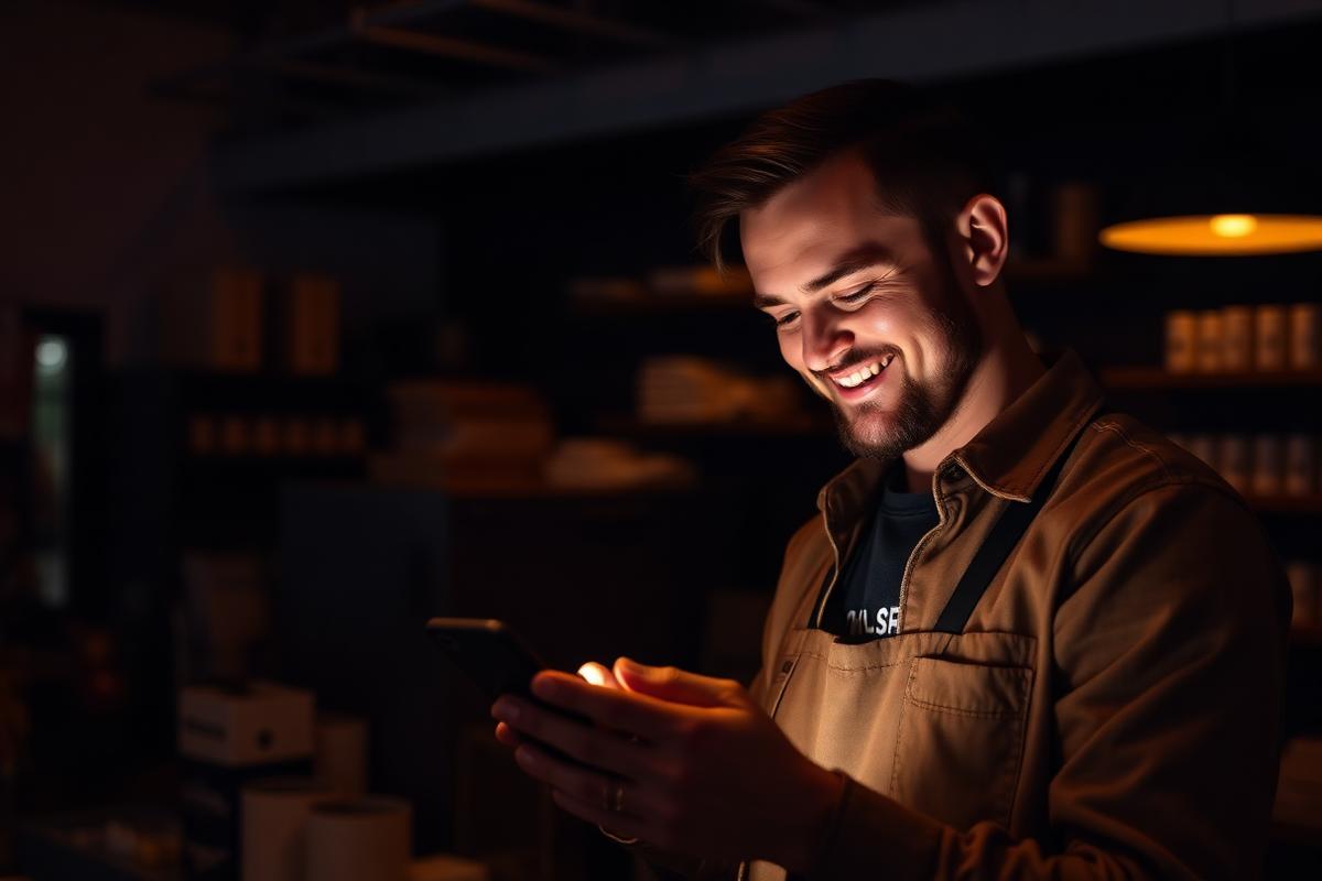 Dono de negócio sorrindo ao ver mensagens de novos clientes no celular